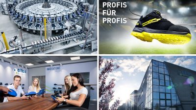 Collage mit vier Bildern von: Maschinen, Schuhen, Meetings und dem Büro