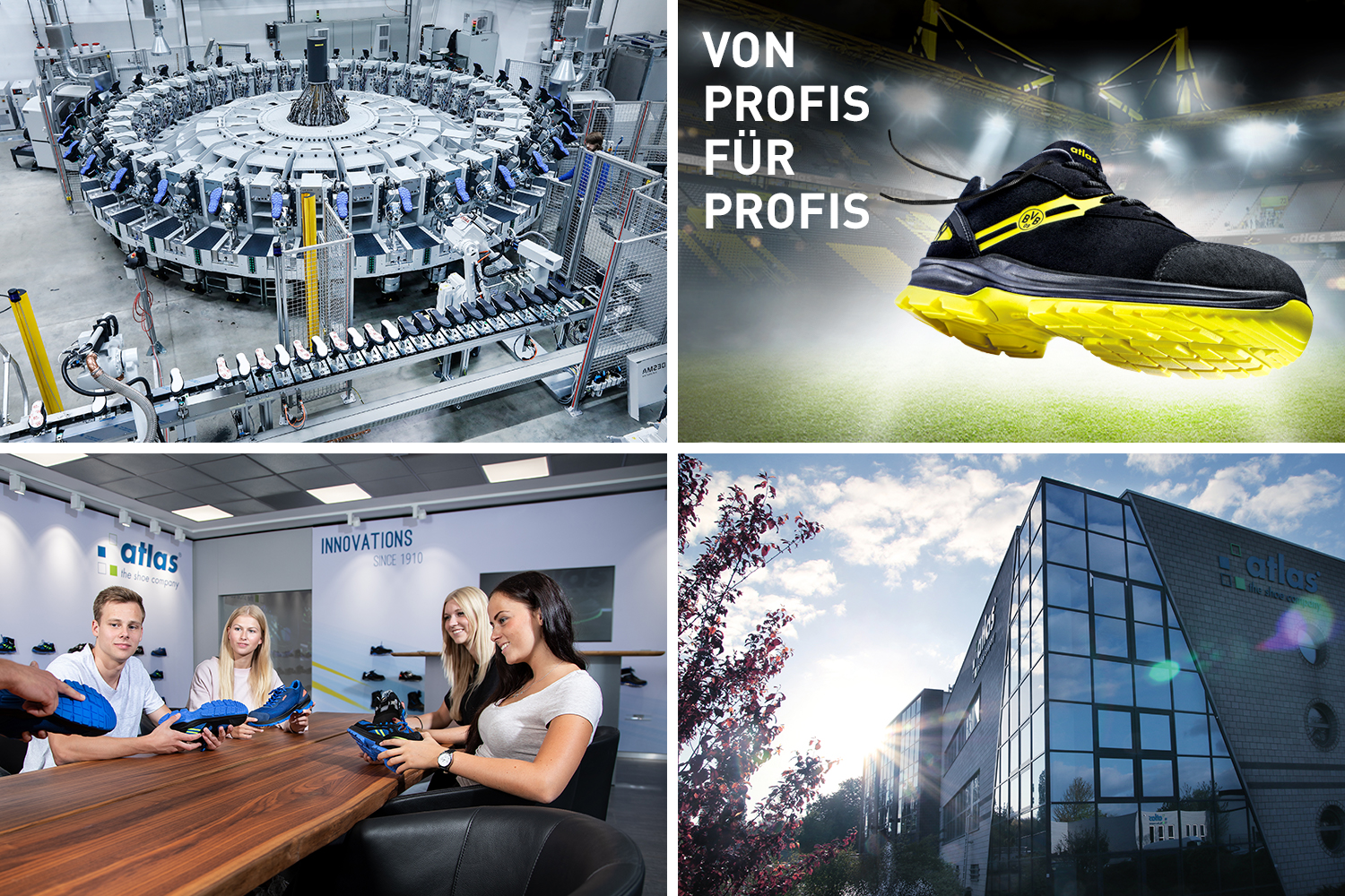 Collage mit vier Bildern von: Maschinen, Schuhen, Meetings und dem Büro